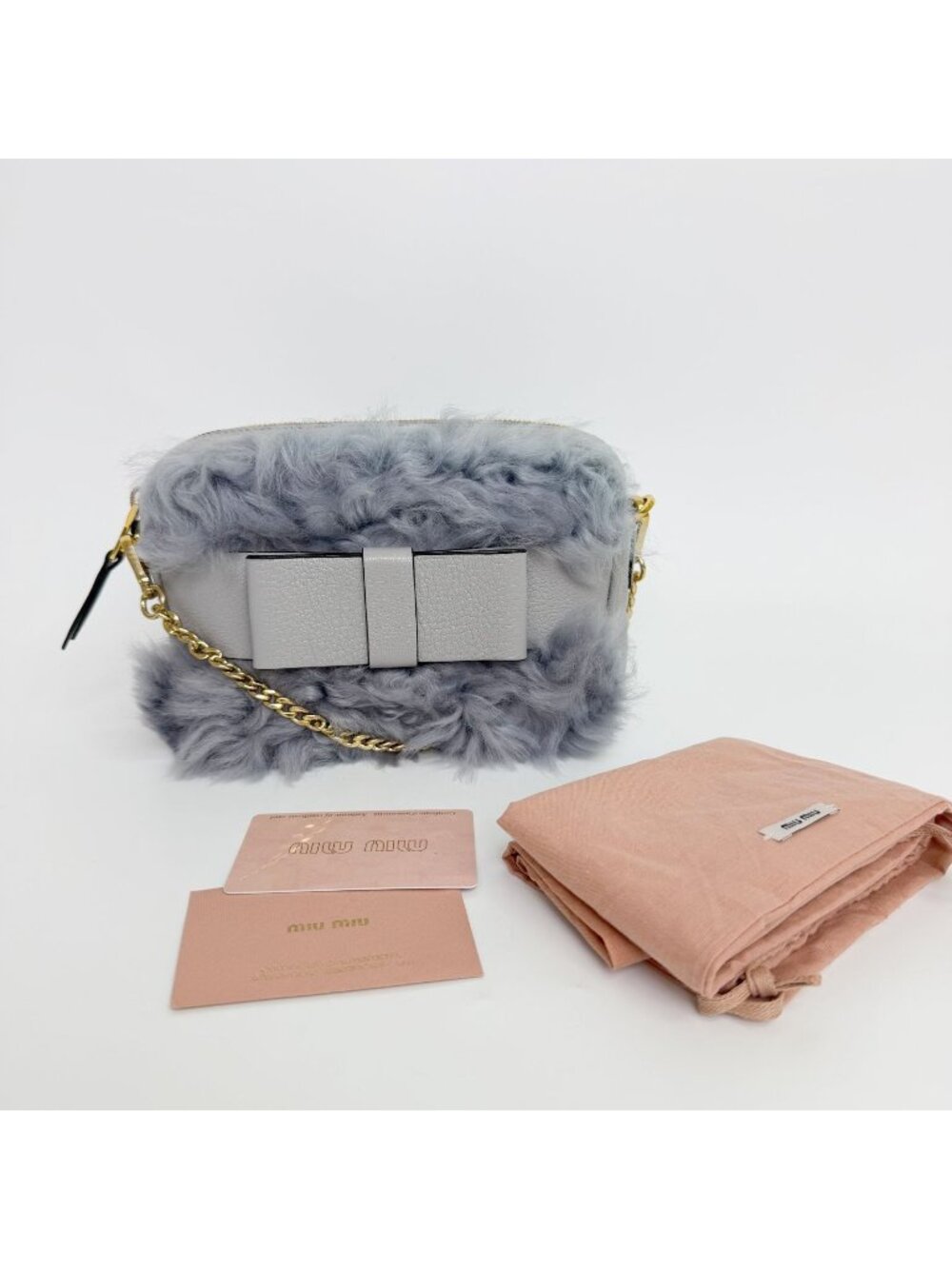 Miu Miu Ribbon Chain Crossbody Shoulder Bag Fur Leather Gray Gold Vintage